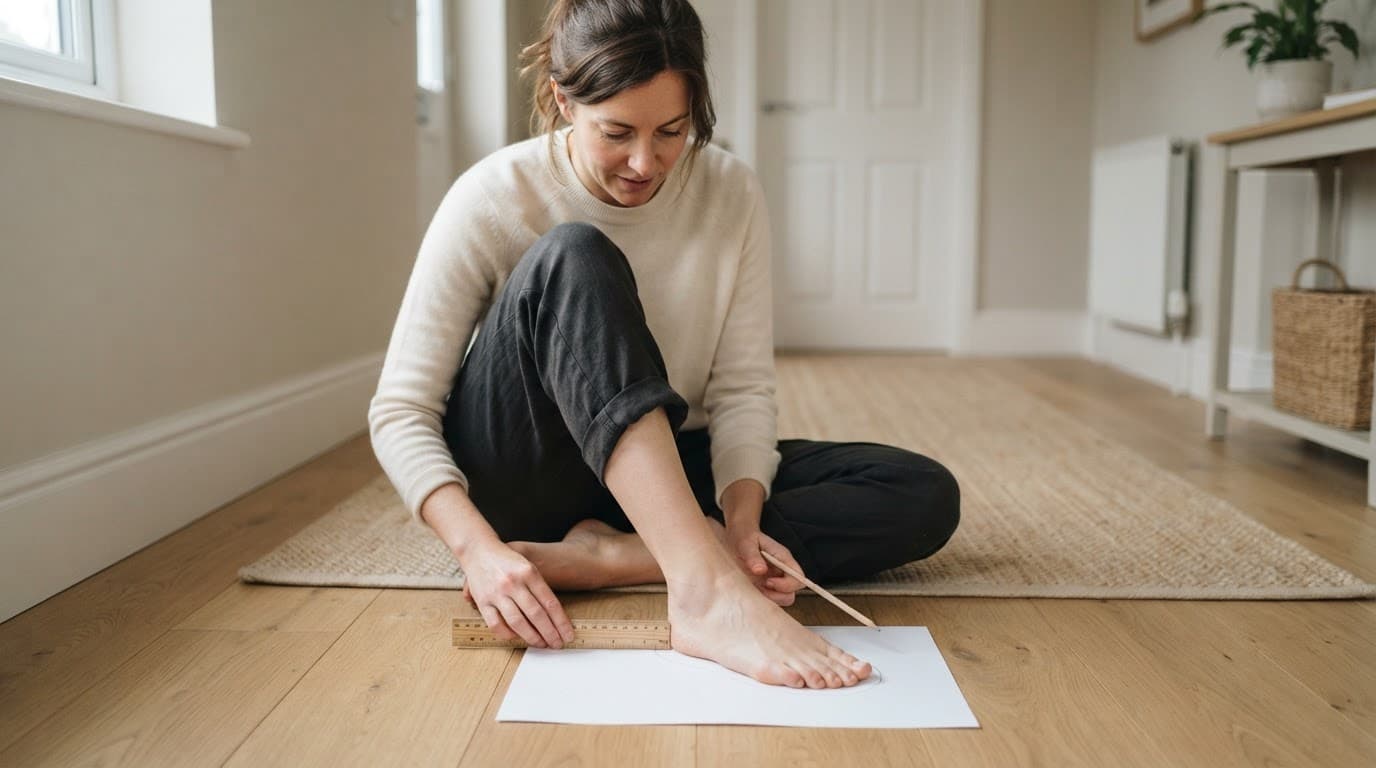 Woman measuring a bare foot beside paper, a pencil, and a ruler.