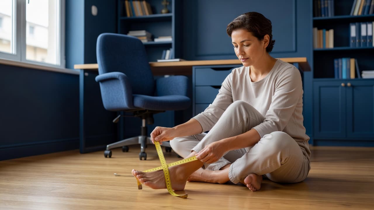 FitFlop Review: Comfort, Fit and Value for Everyday Wear 2 A person kneeling on a dark wooden floor uses a flexible measuring tape to determine their foot length. The home office features deep blue walls and a calm, organized professional aesthetic.