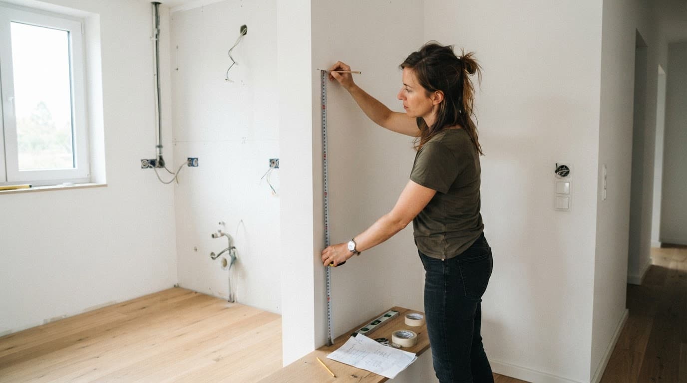 A person using a tape measure on a kitchen wall before cabinet installation.