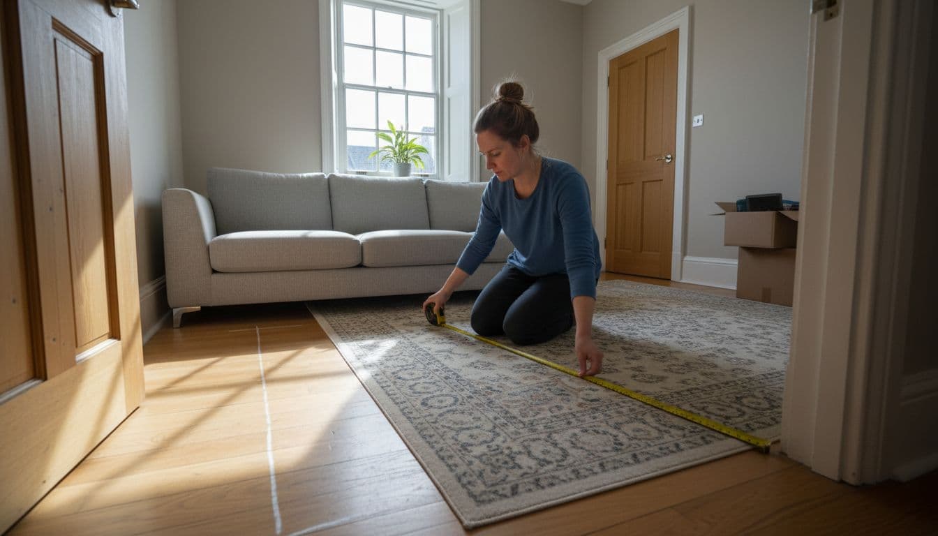 A person measures the width and depth of a UK living room using a tape measure, checking against the door frame and walkway for a corner sofa bed, with a sketched diagram on the floor in natural daylight.
