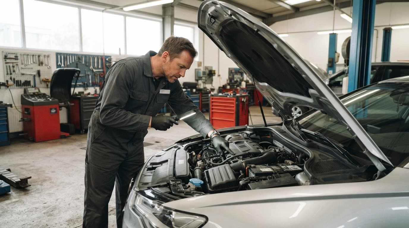 Used Car Warranty Guide: What Cover Really Includes and Costs 1 Mechanic inspecting engine parts under an open car hood.