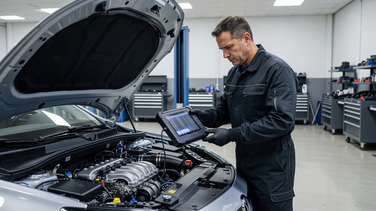 Car Warranty Cover: What UK Drivers Need to Check 1 A technician uses a digital diagnostic tool to inspect a car engine in a modern repair shop.
