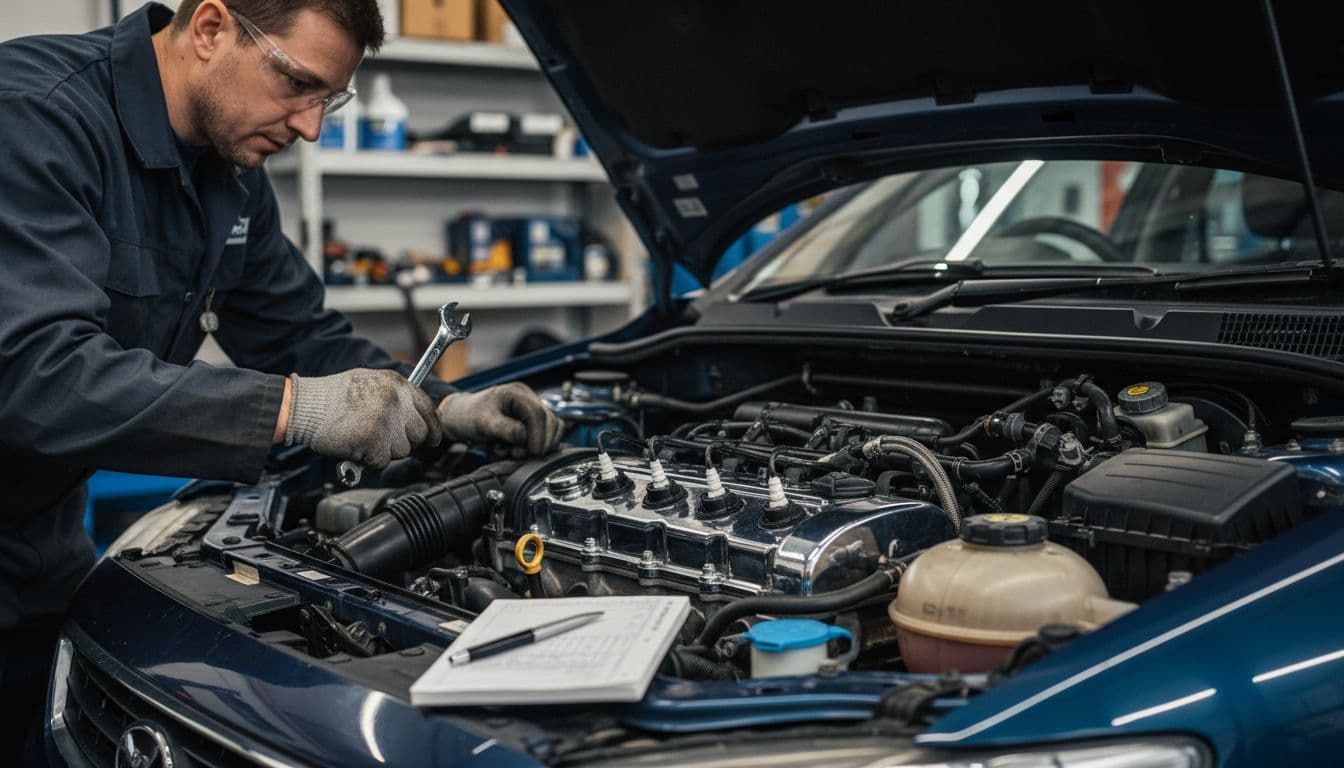 Mechanic inspecting a used hatchback engine in a UK garage
