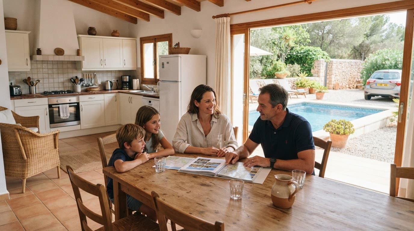 A family reviews villa plans beside a dining table overlooking a pool terrace.