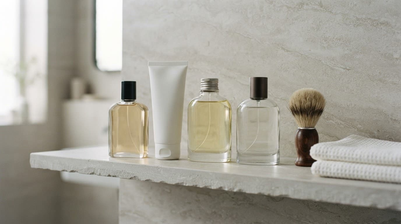 Four aftershave bottles and a balm tube arranged beside a shaving brush and folded towel.