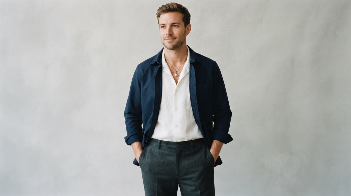 Vivian Westwood Necklace: A UK Buying and Style Guide 3 Man in a white shirt and navy overshirt wearing a visible pendant necklace.