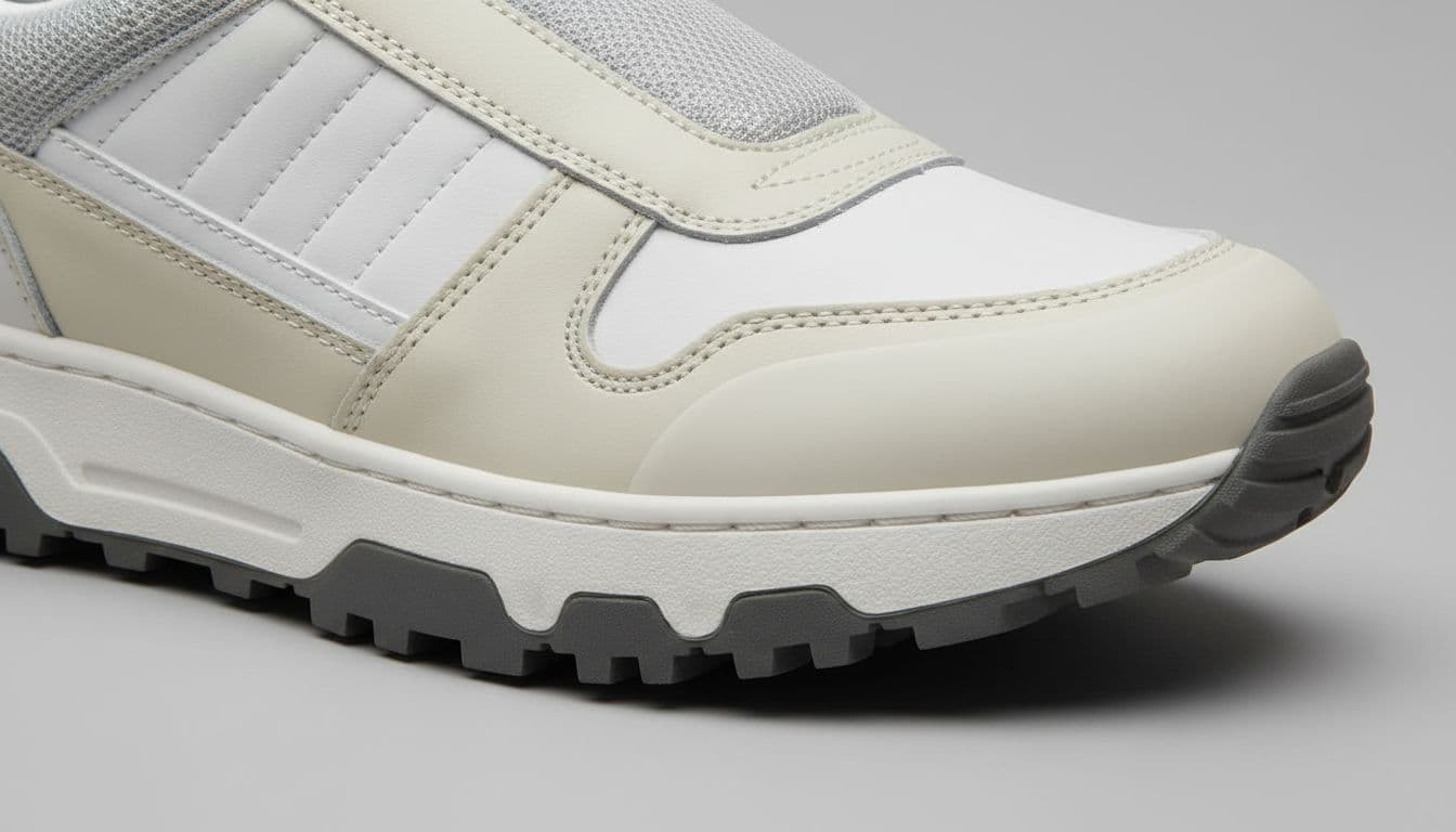 Close-up of men's trainer with even stitching on uppers, padded mesh collar, thick midsole, grippy outsole, and toe foxing on grey background.