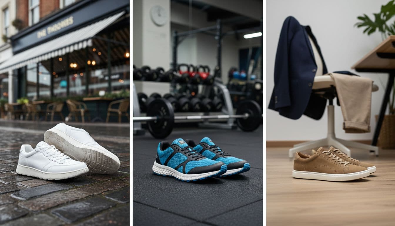 Three pairs of men's trainers: white leather on wet city pavement by cafe, mesh running on gym floor with weights, suede casual on wooden office floor by chinos.
