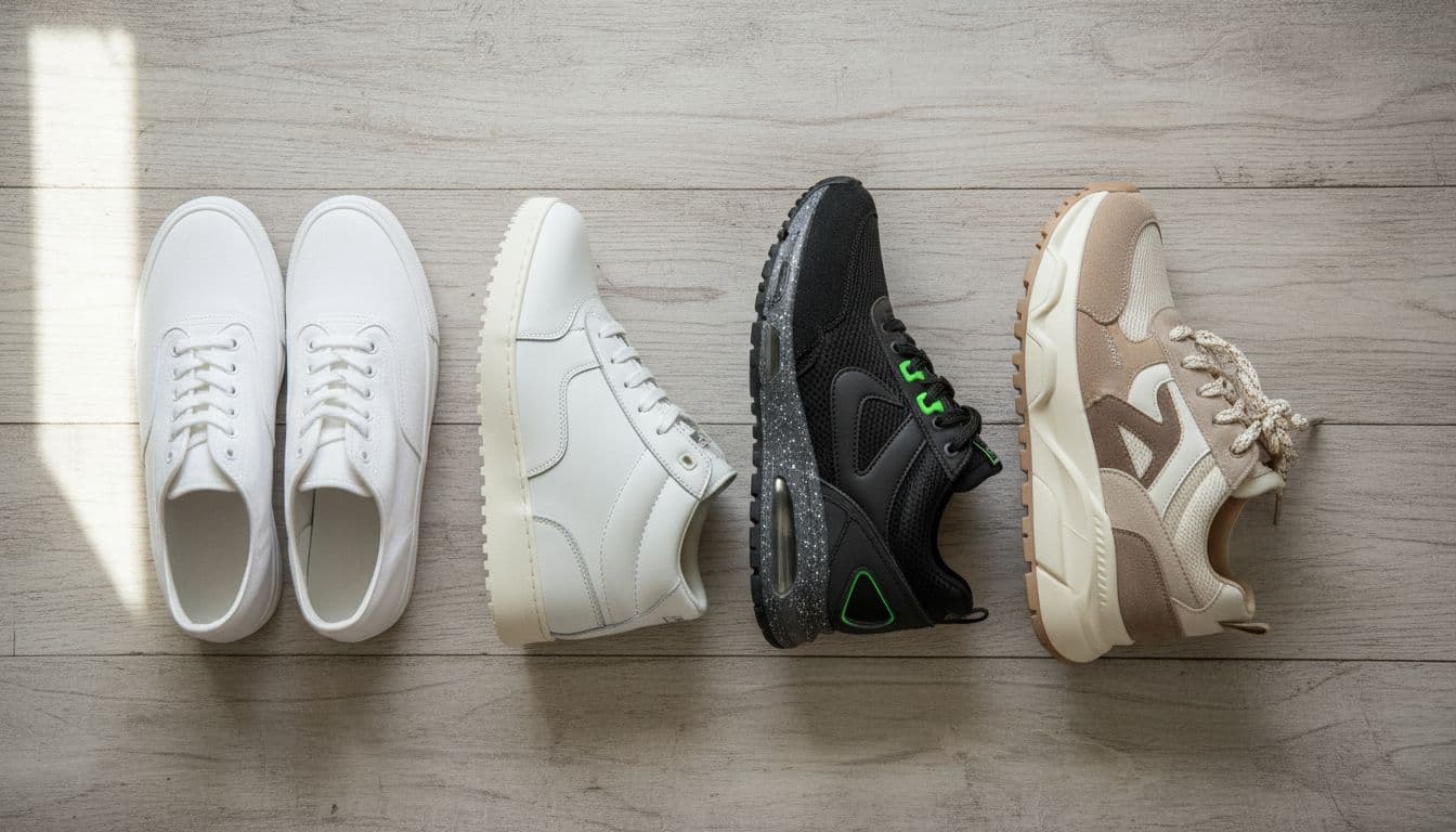 Four pairs of men's trainers arranged left to right by price on wooden surface, top-down view.