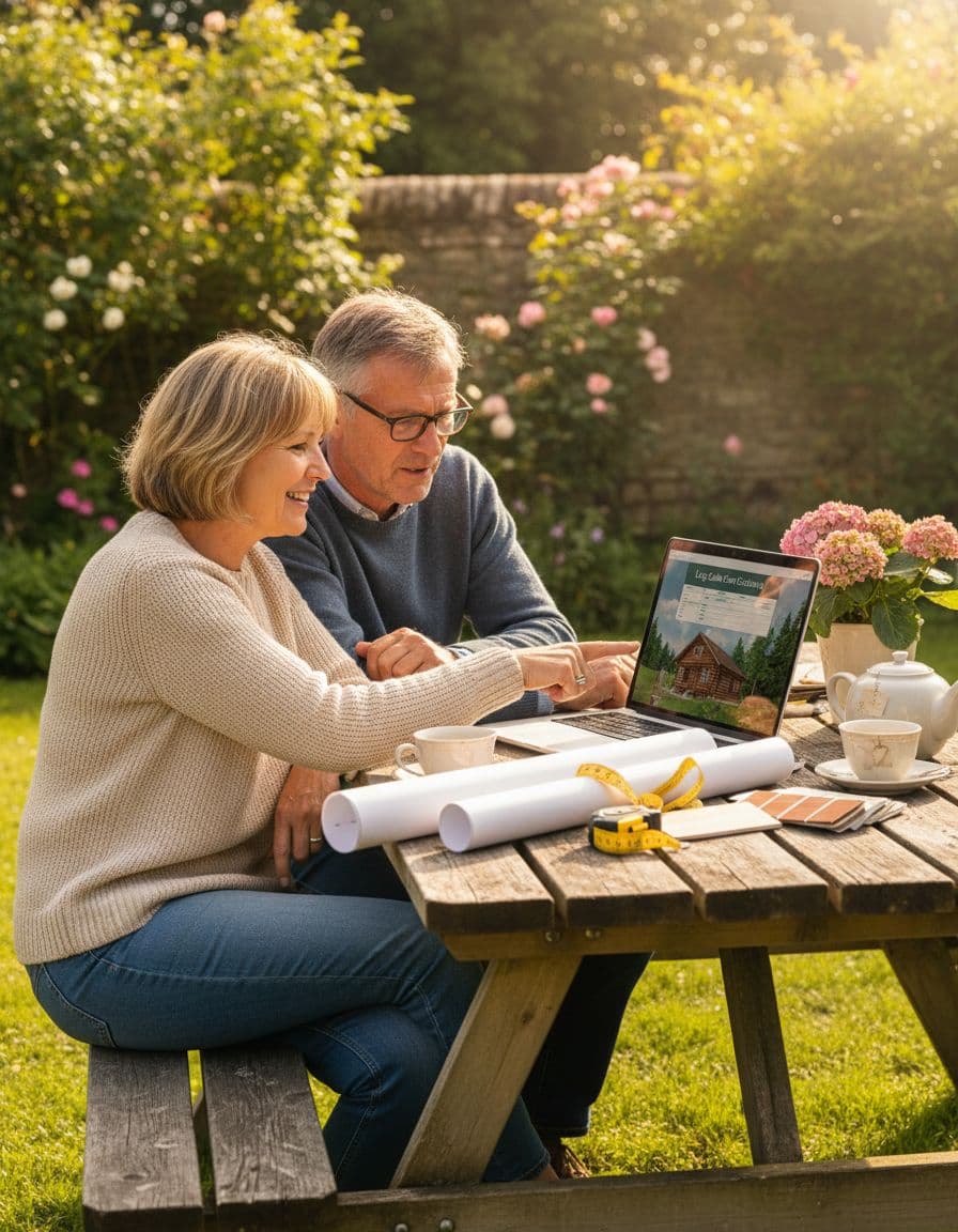 Couple planning a log cabin on a laptop