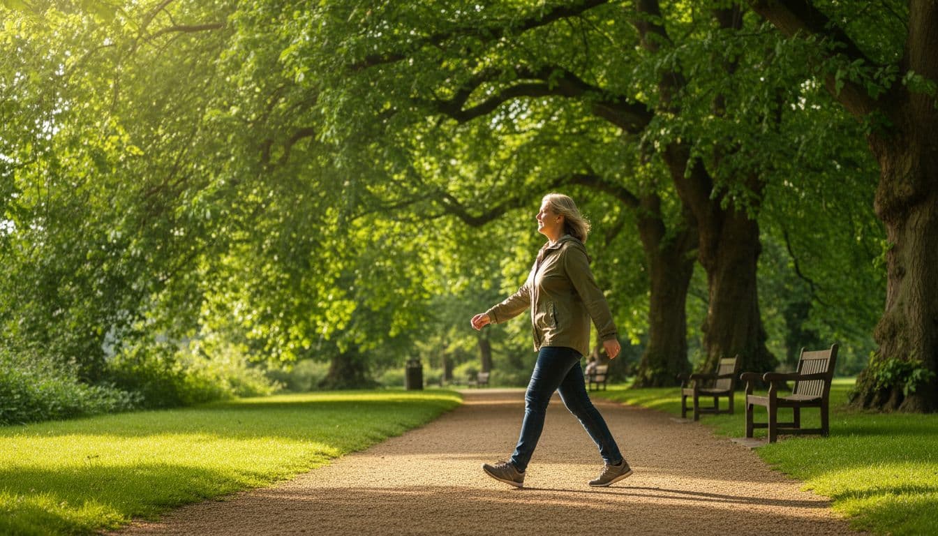 A middle-aged person walks briskly on a path in a sunny UK park with green trees and benches in the background, captured in a full-body side view with natural daylight and photorealistic style.
