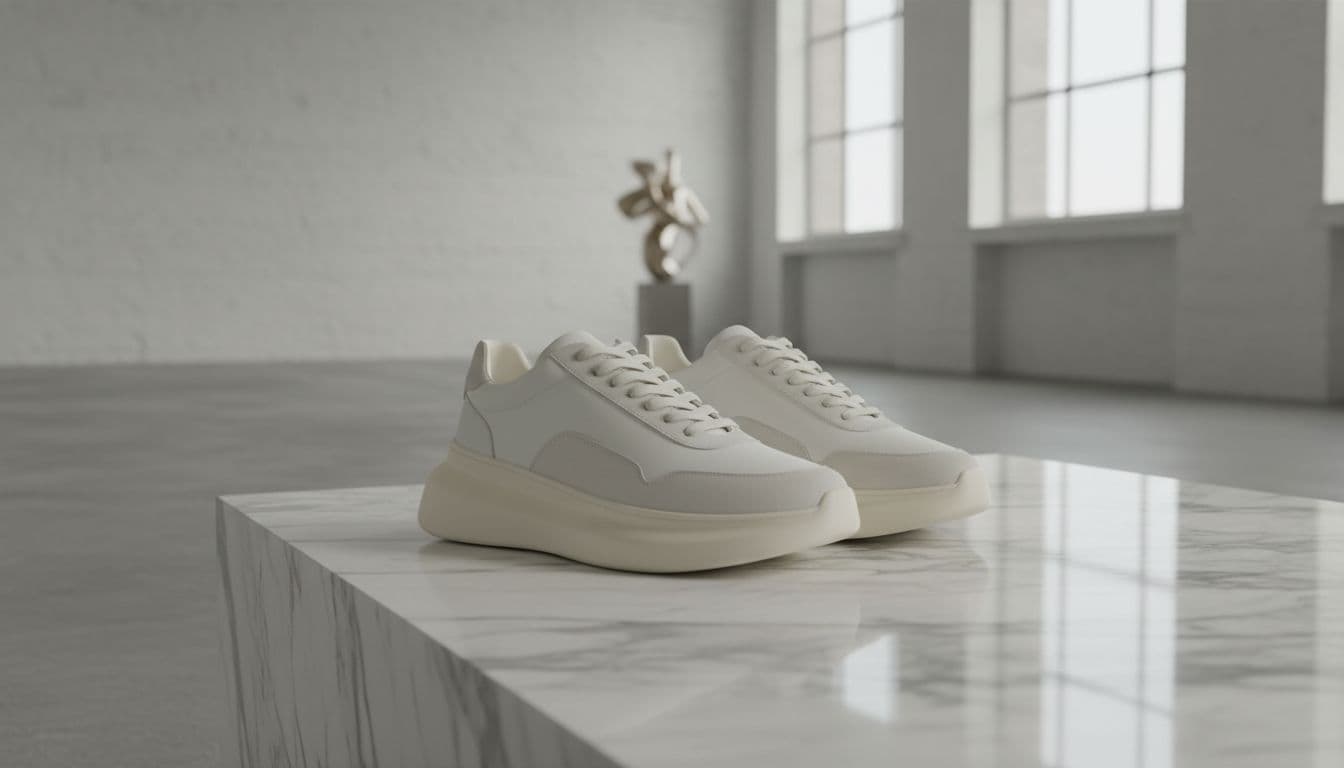 A pair of modern chunky sneakers rests on a reflective marble floor inside a bright studio.