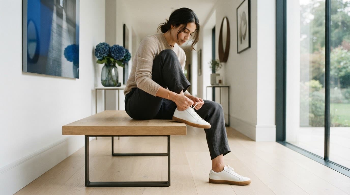 Nike Trainers: A UK Guide to Fit, Use and Value 2 Person tying trainers on a bench in a bright blue-accented hallway.