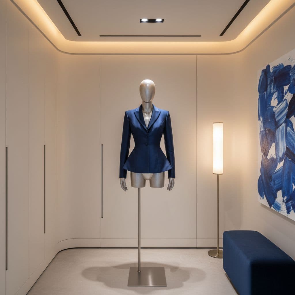 Minimalist dressing room with elegant lines displays one structured garment on a mannequin under soft lighting with deep blue accents.