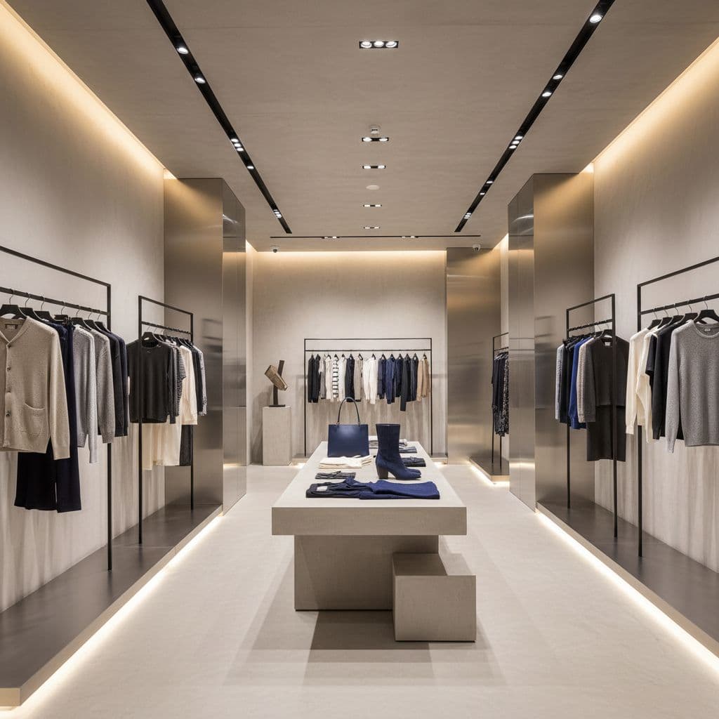An elegant boutique interior featuring concrete walls, polished metal fixtures, and deep blue accents.