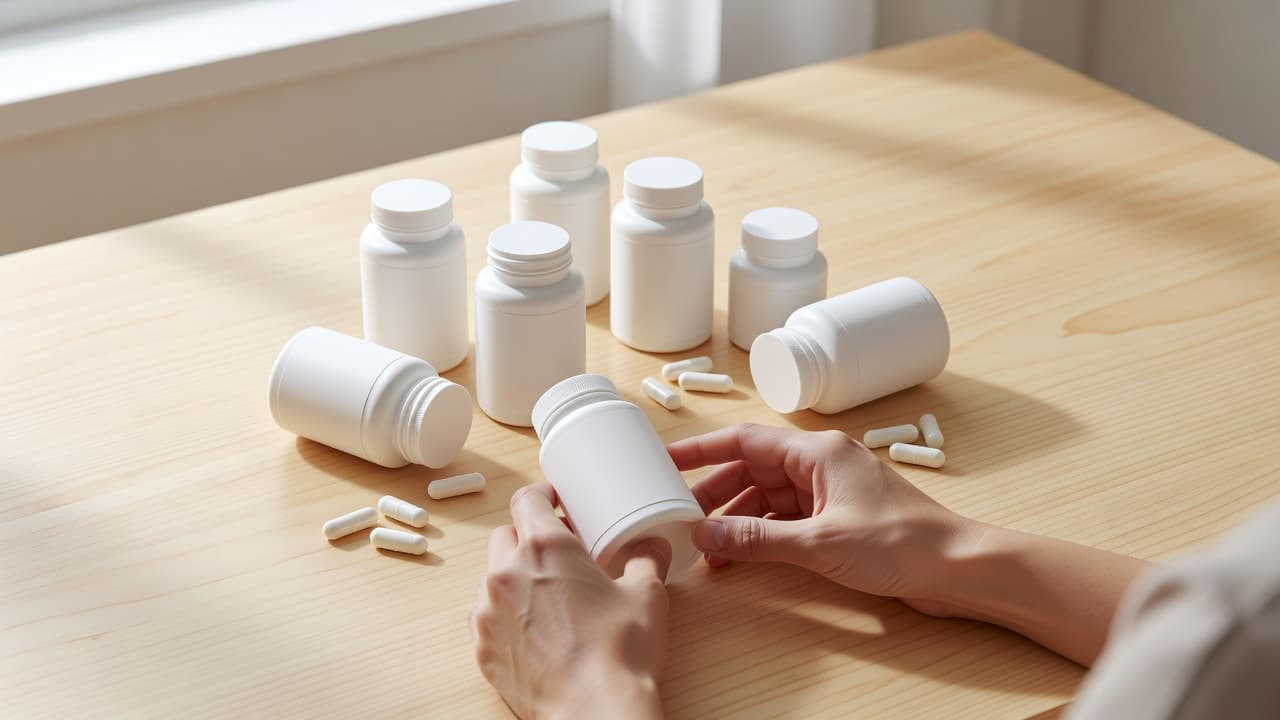 N-acetyl cysteine: What NAC Does and How to Buy It 1 Two hands carefully organize several white supplement containers and scattered capsules across a light wooden surface. Bright natural light creates soft shadows, highlighting the clean, minimalist aesthetic of the product display.