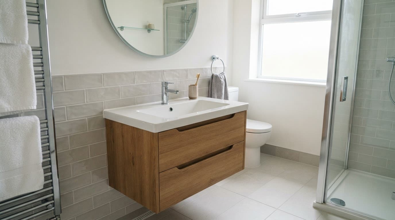 Bathroom Replacement Guide: Costs, Layouts and Online Buying Tips 2 Modern bathroom vanity with a ceramic basin and chrome taps in bright daylight.