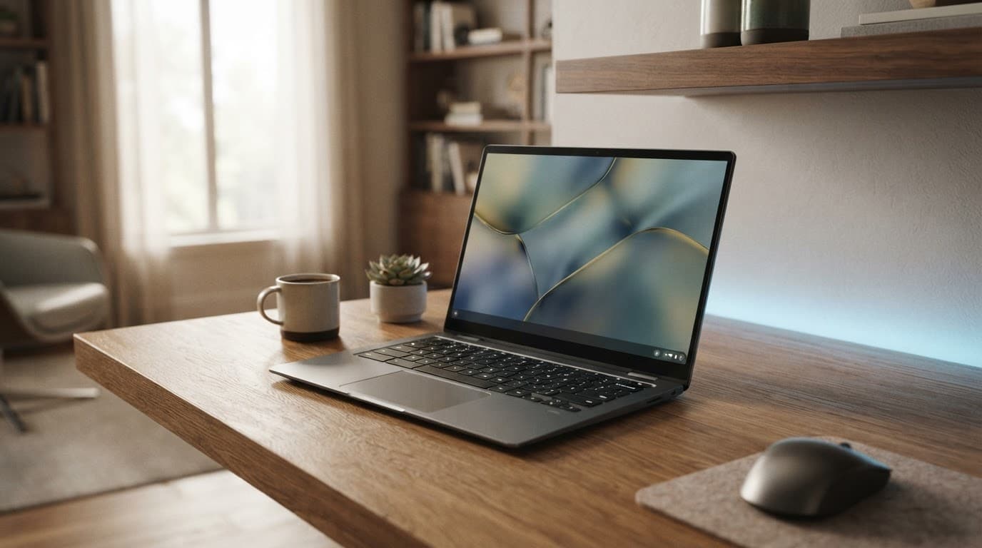 A sleek Chromebook on a wooden desk with soft window light and a blue glow.