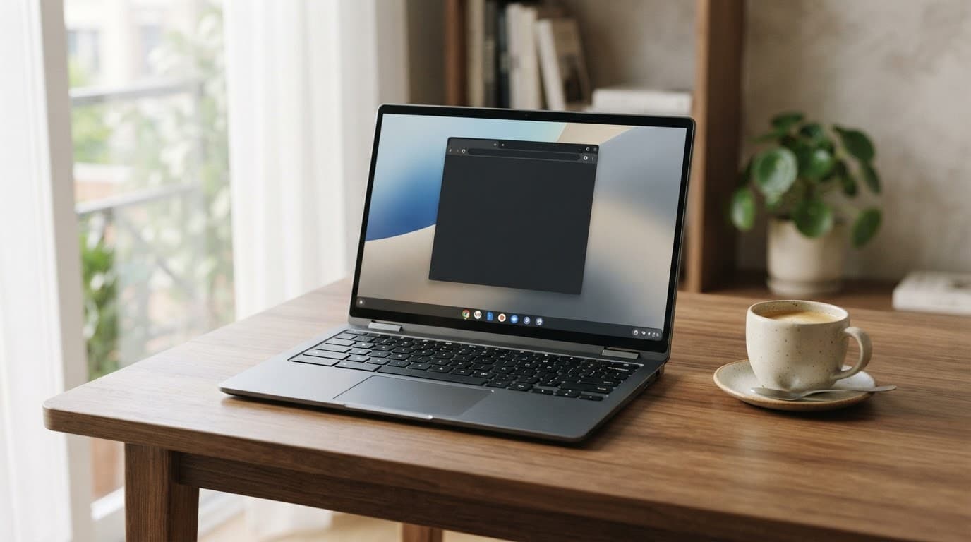 A Chromebook and coffee cup sit on a clean wooden desk near a window.