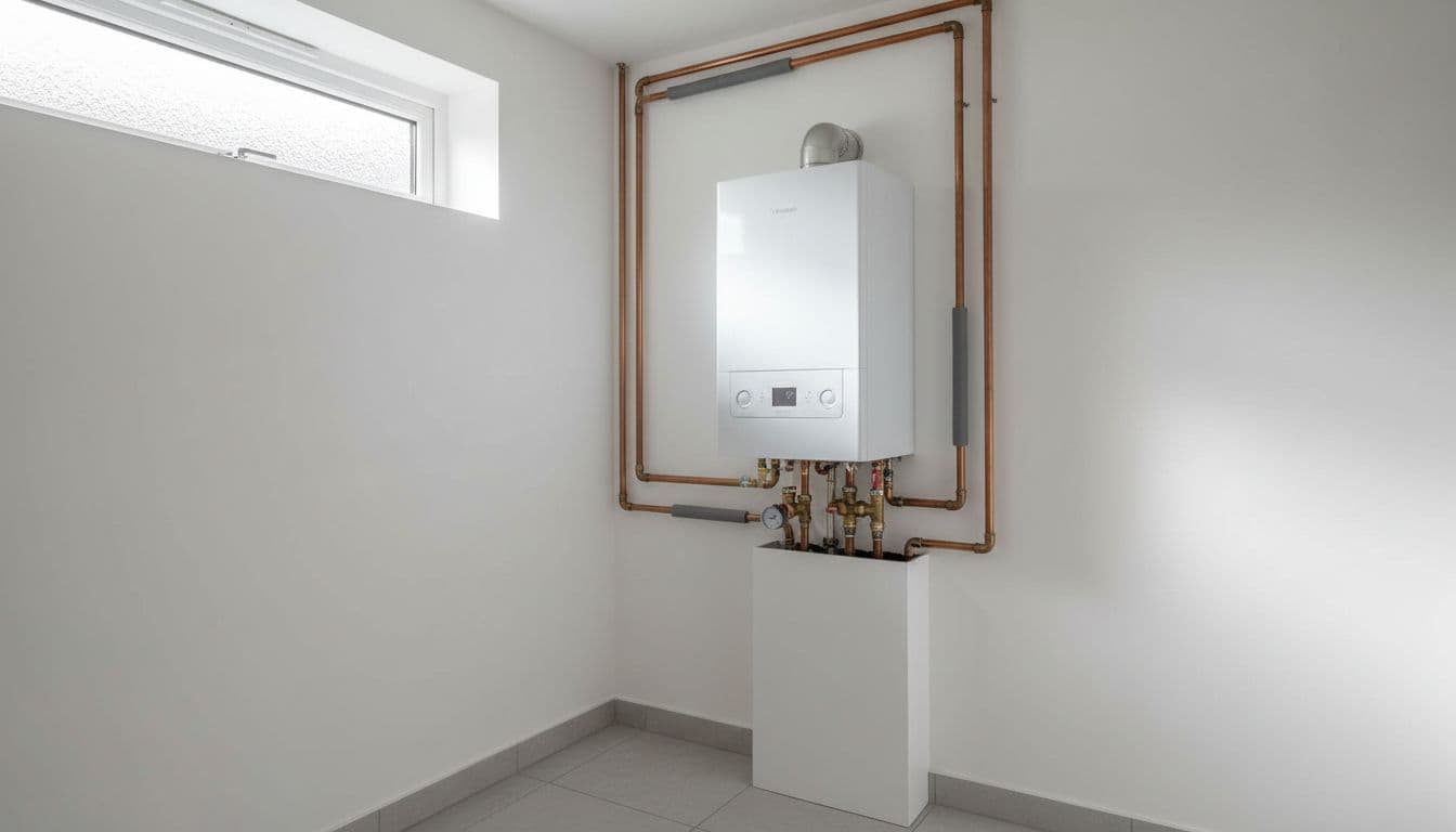 Modern combi boiler installed in a typical UK home utility room featuring white walls, copper pipes, and neatly connected flue, illuminated by soft daylight from a small window in realistic high-detail photograph style.