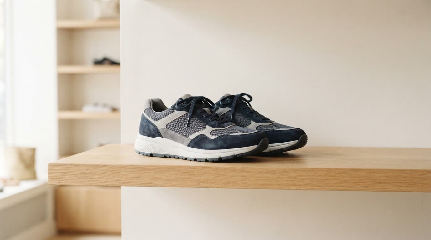 Hotter Comfort Concept Shoes: A Practical UK Review 1 Modern walking shoes displayed on a wooden shelf in a bright minimalist boutique.