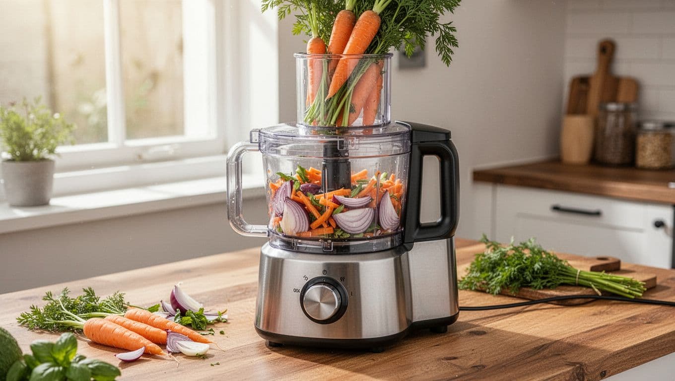 A modern food processor on a wooden kitchen worktop actively chops fresh carrots and onions in its bowl, with more vegetables added through the wide feed tube under bright natural daylight from a window.