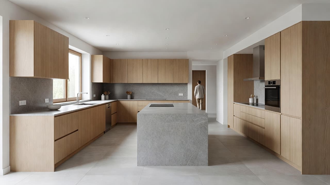 Sunlight streams across stone countertops and smooth wooden cabinetry in this organized cooking space. A single figure moves quietly in the distant background, highlighting the efficient layout of this home kitchen.