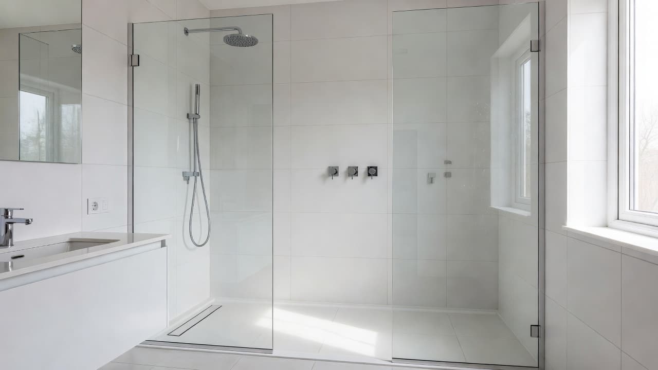 A clean, modern bathroom shower with glass walls, chrome hardware, and bright white tiles.