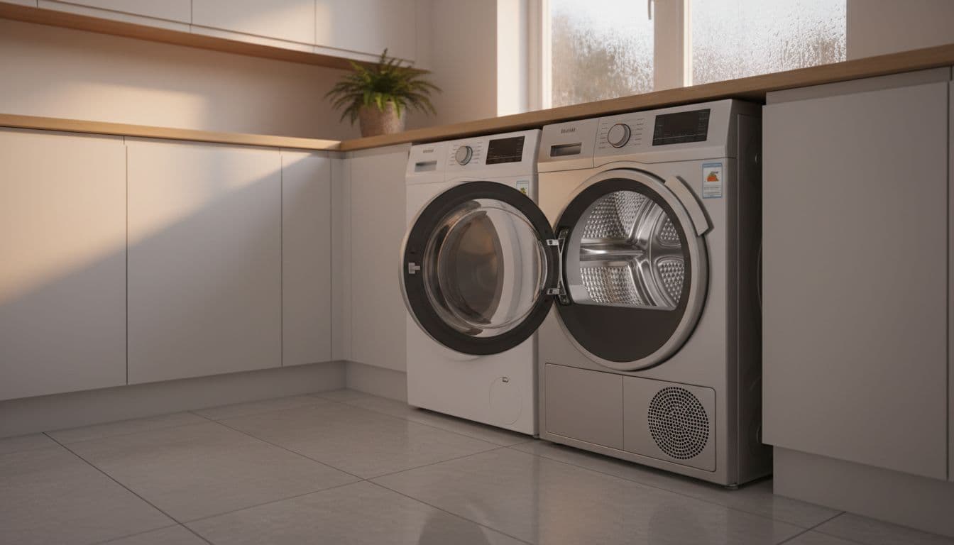 A sleek modern heat pump tumble dryer sits in a bright contemporary UK utility room next to a washing machine, with its door slightly open revealing a clean drum inside. The room features white cabinets, tiled floor, natural light from a condensed window on a damp winter day, emphasizing efficient design.