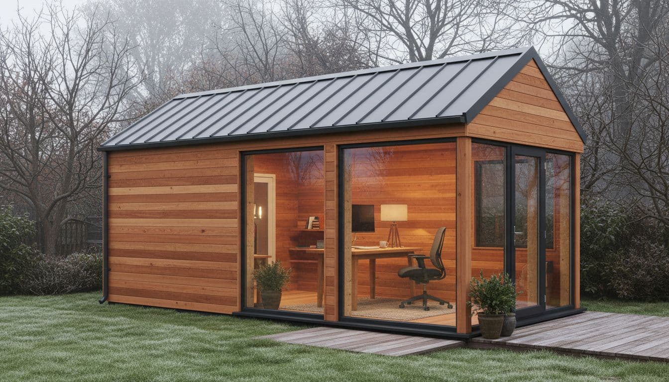 A modern insulated garden office sits in a typical British backyard on a chilly winter day with light frost on the grass and bare trees. Warm golden light glows from the windows, revealing a cosy interior with desk, chair, and lamp.