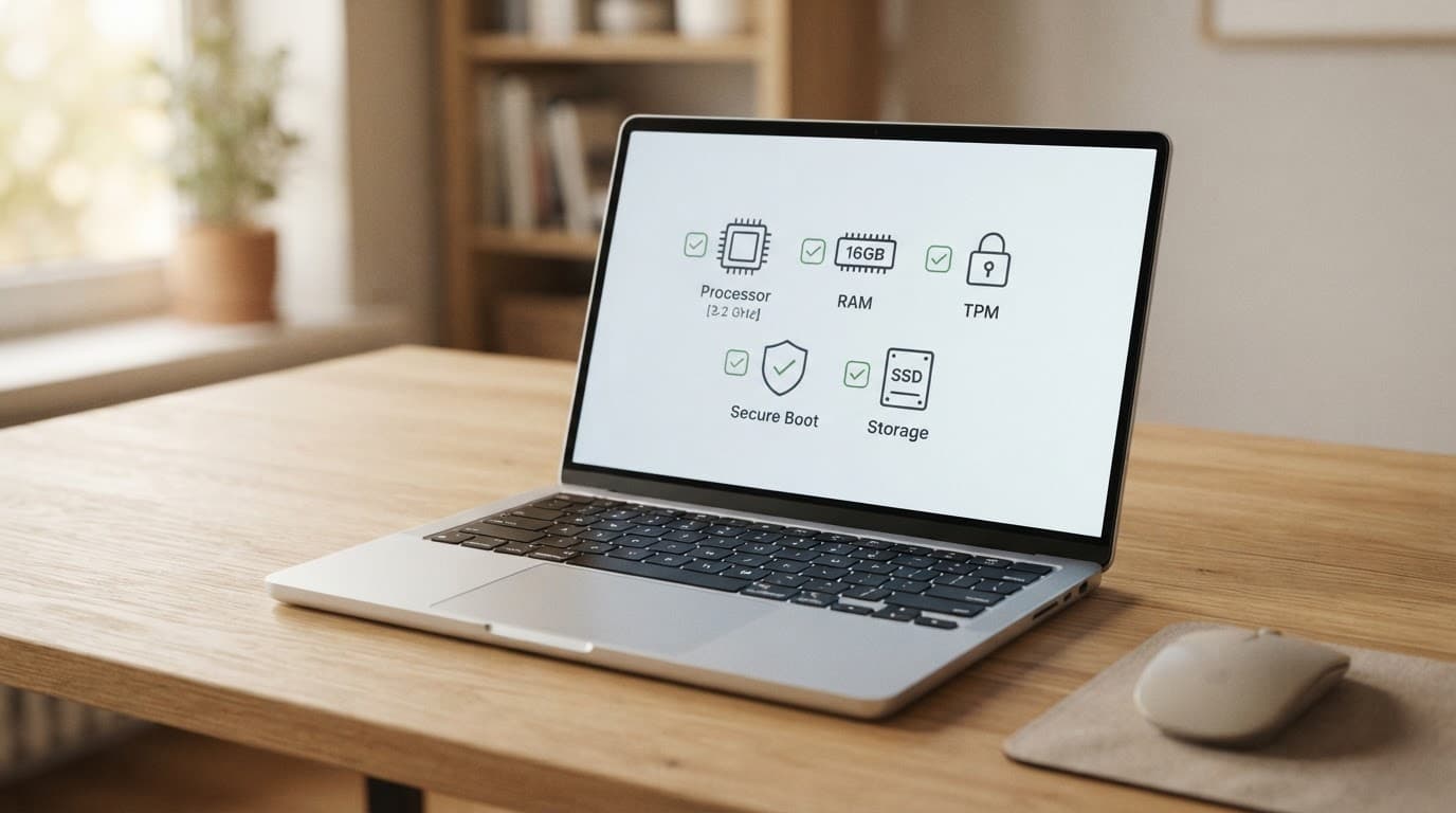 A modern laptop sits on a clean desk against a softly blurred background.