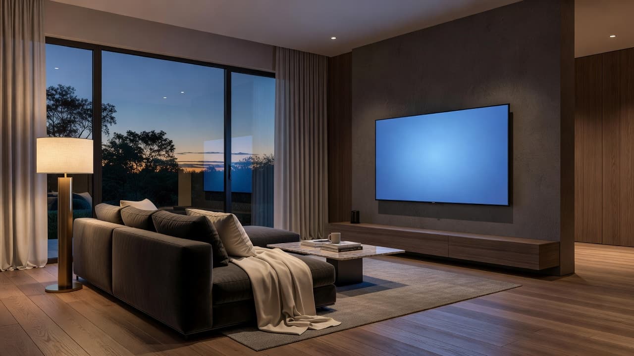 A glowing television screen in a warmly lit modern living room.