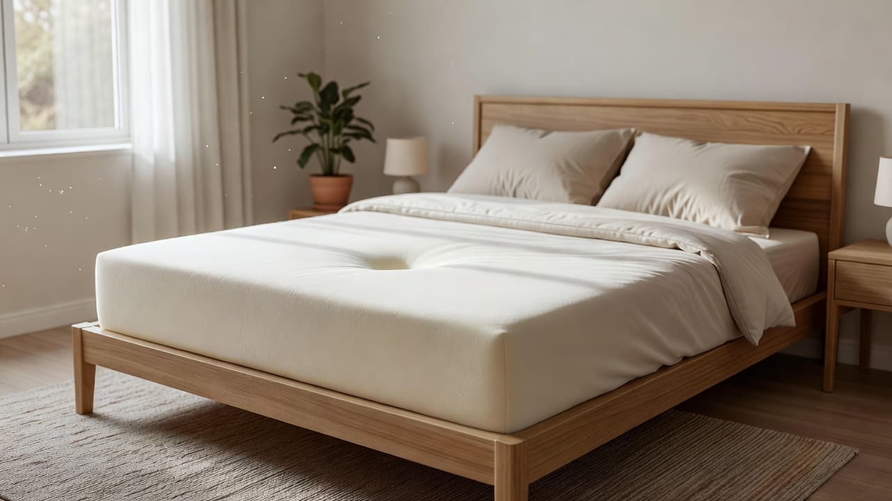 A comfortable memory foam mattress on a wooden bed frame in a sunlit bedroom.
