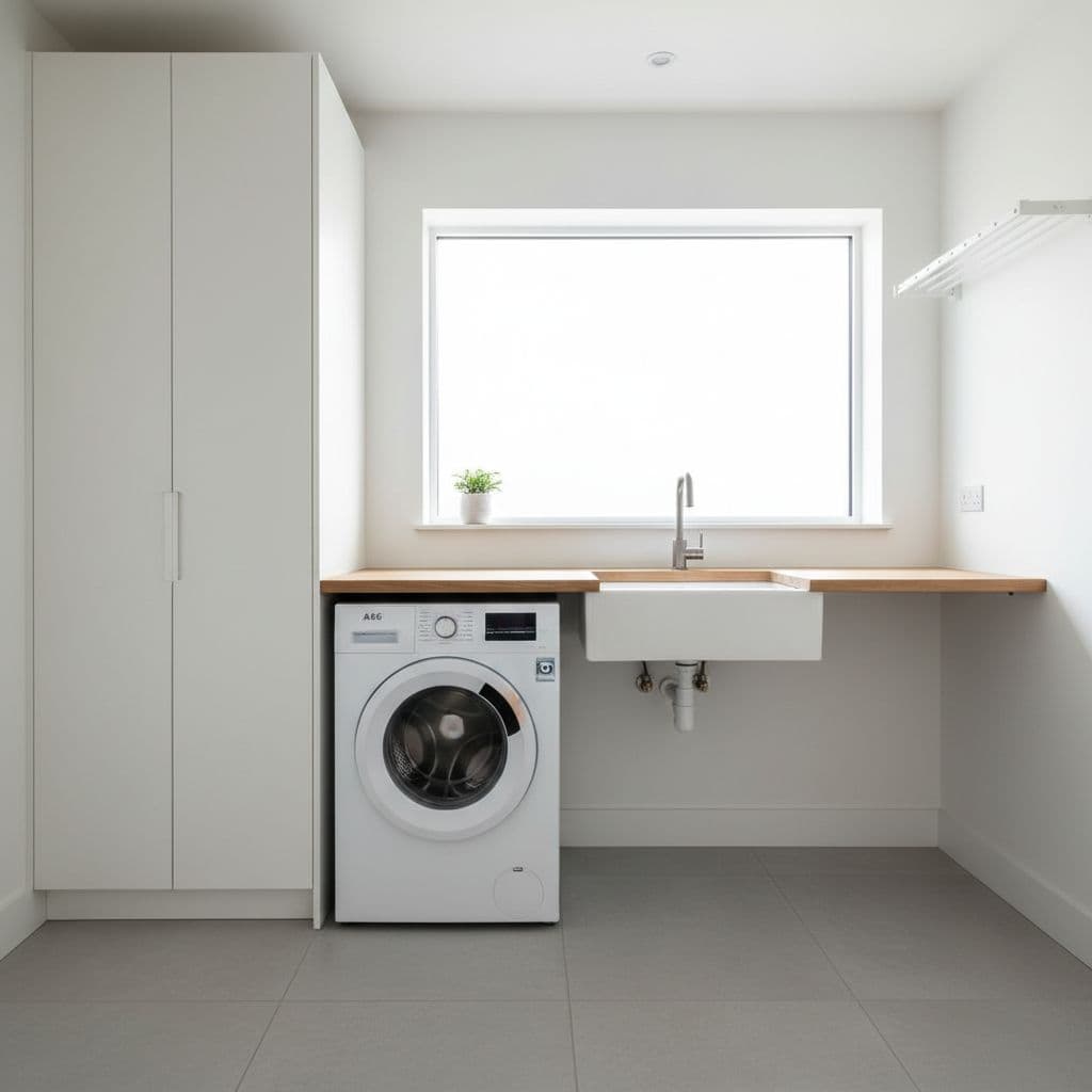 A white front-loading washing machine sits neatly under a natural wooden countertop in a bright laundry room.
