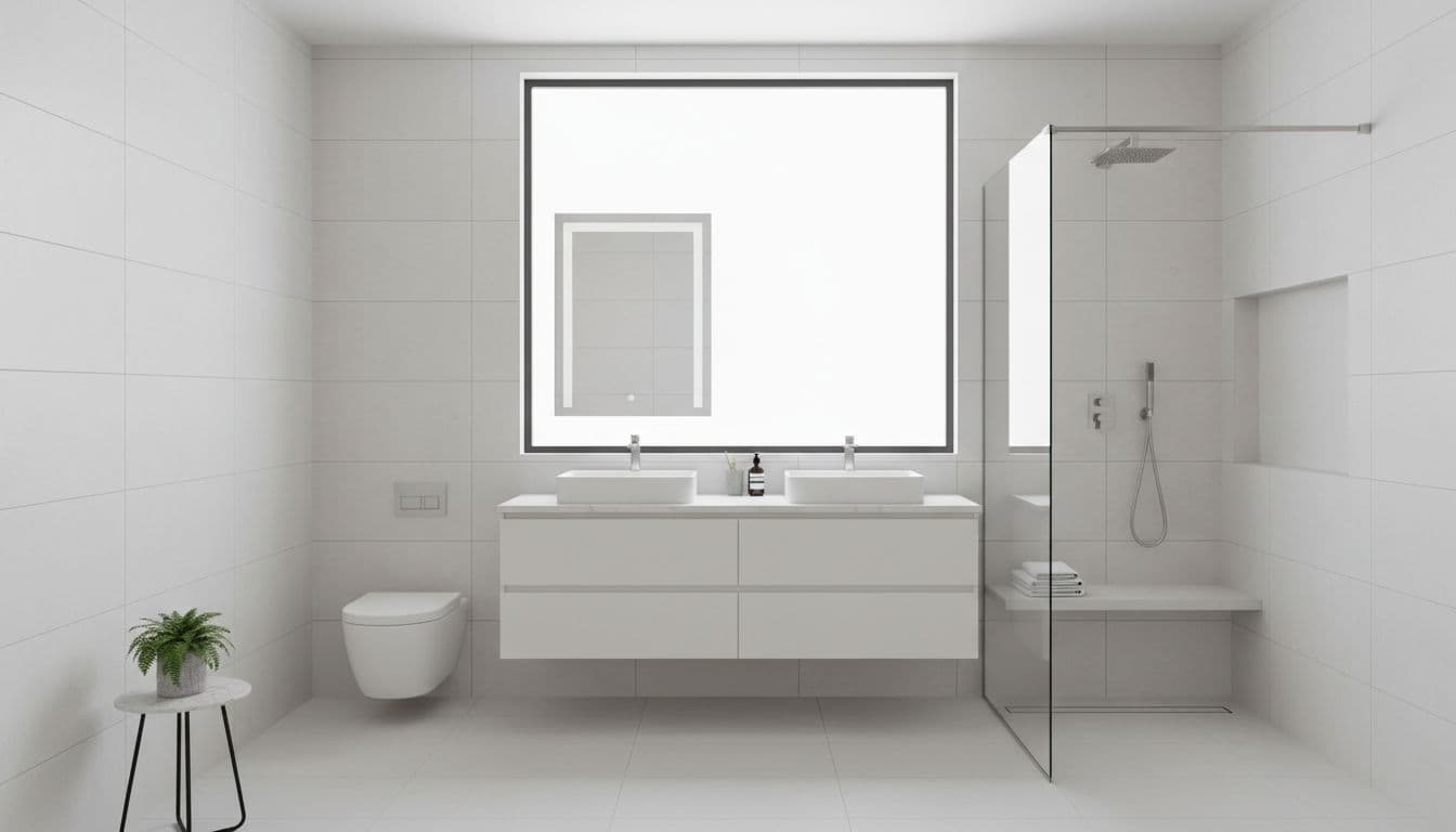 A clean, bright bathroom interior features minimalist tile installation on the walls and floor.