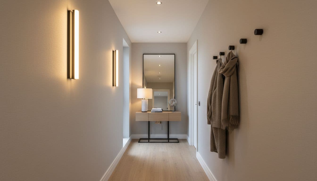 Modern narrow UK new-build hallway with layered lighting, wall hooks and slim console