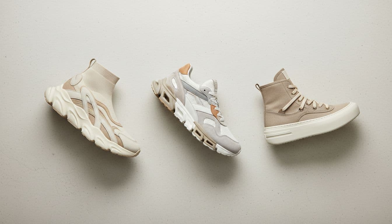 Three distinct styles of neutral-toned sneakers arranged neatly on a clean minimalist surface.