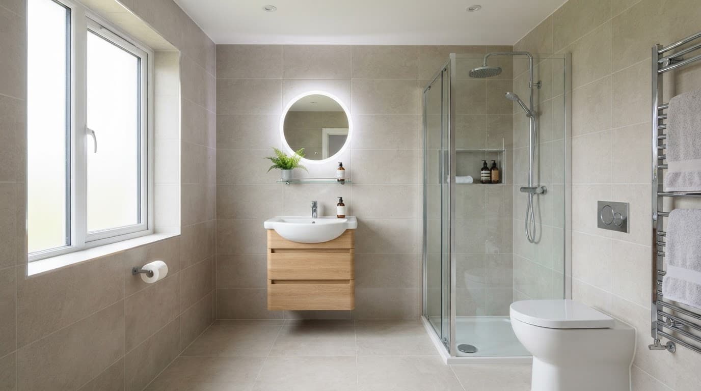 Bathroom Replacement Guide: Costs, Layouts and Online Buying Tips 5 A bright bathroom with neutral tiles, a white basin, and chrome fixtures.
