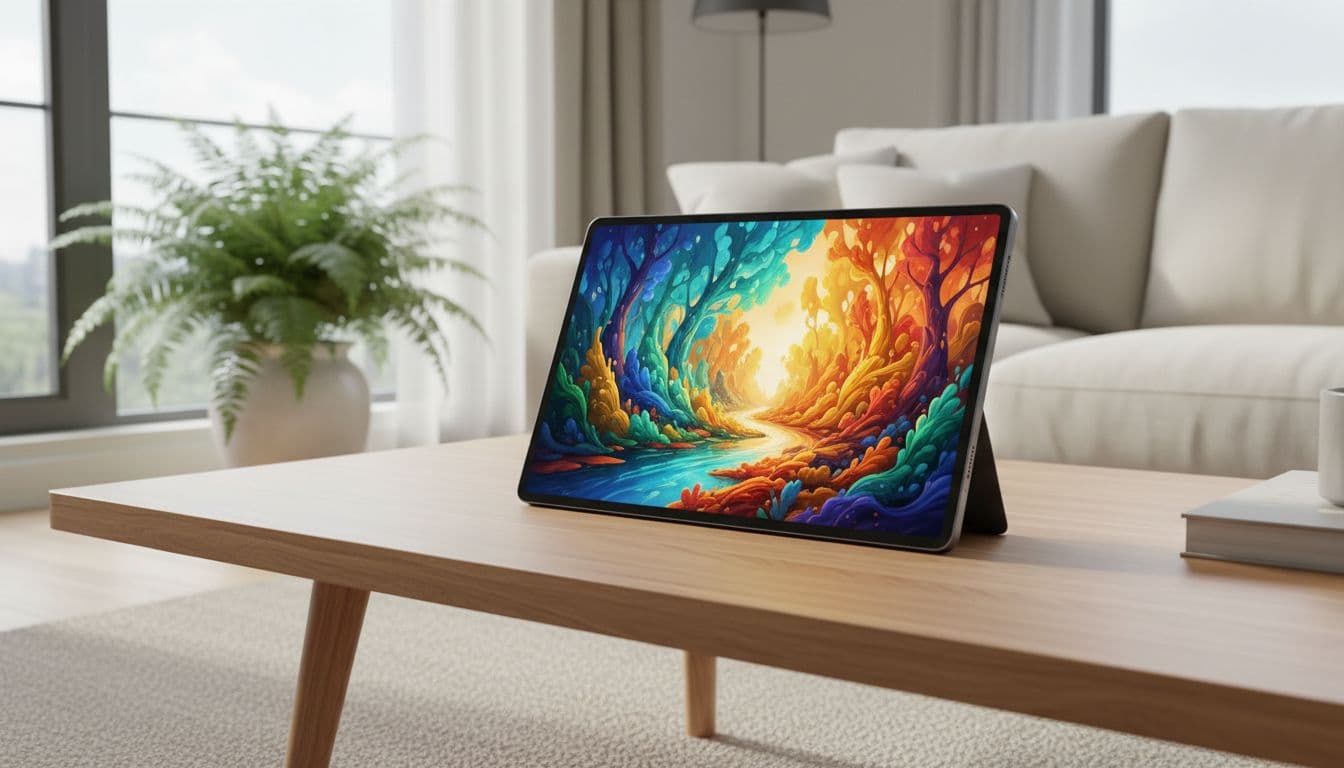 A slim tablet rests on a wooden coffee table displaying a vibrant abstract nature image.