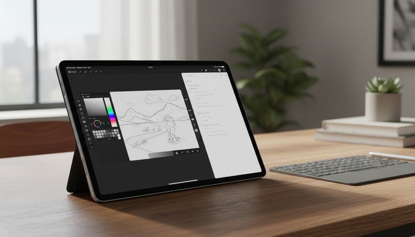A premium 12.2-inch metallic grey tablet on a wooden desk in a bright home office, screen showing split-view with drawing app and notes, wireless keyboard and stylus nearby, illuminated by natural daylight.