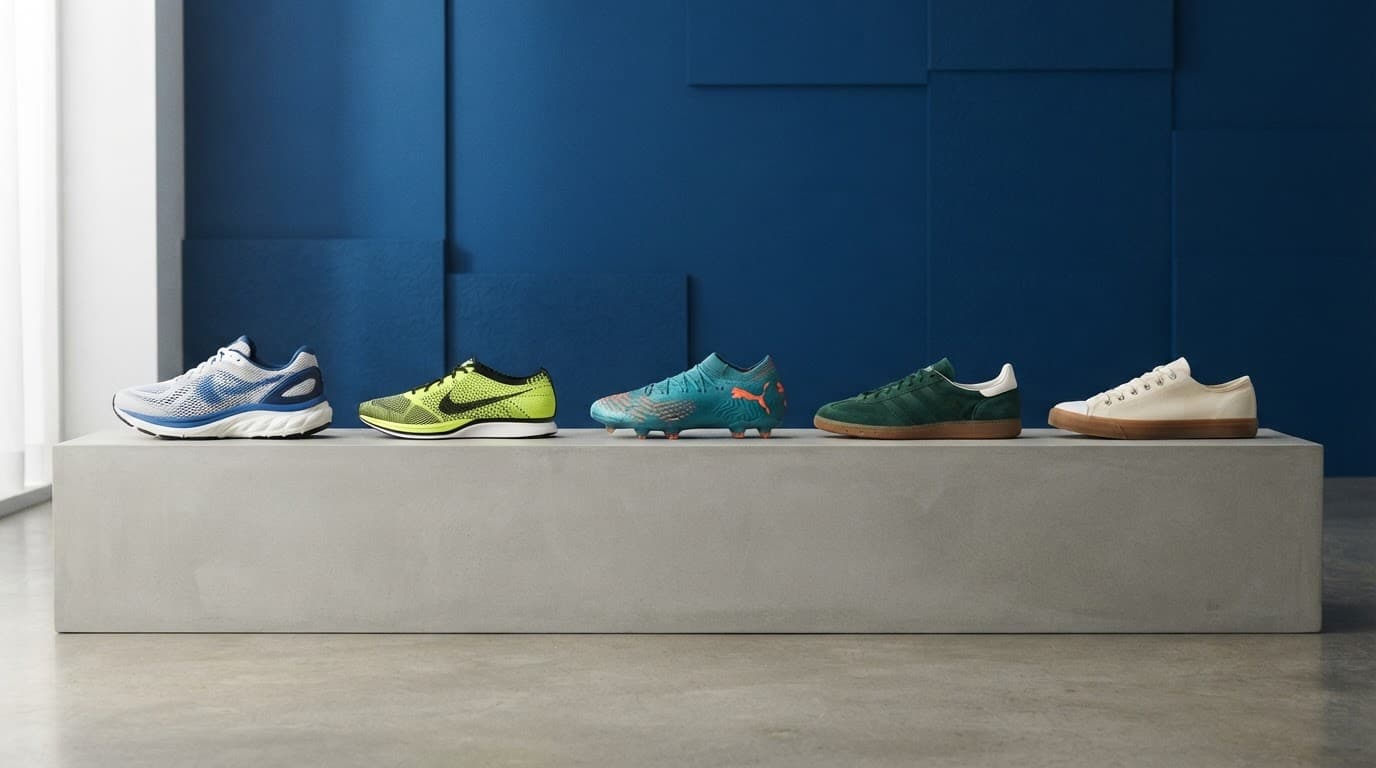 Five different trainer styles arranged on a studio plinth against a blue background.