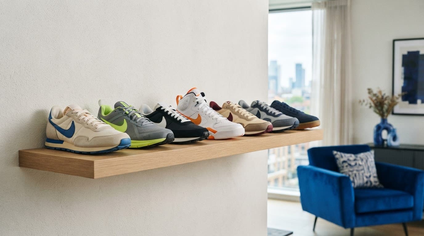 Nike Trainers: A UK Guide to Fit, Use and Value 1 Modern trainers arranged on a wooden shelf in a bright apartment with blue decor.