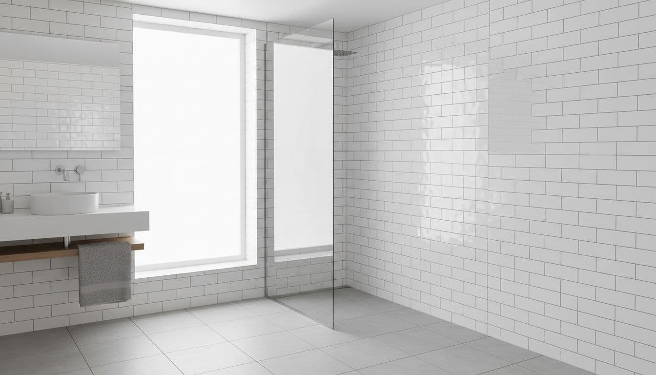 Bright modern UK bathroom showcasing white ceramic indoor wall tiles in classic subway pattern on shower walls and sink area, with clean surfaces, subtle grout, folded towel, and soft daylight in realistic photo style, no people.