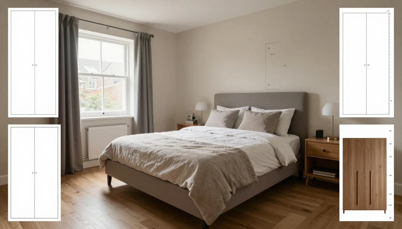 A cosy modern UK bedroom with a central king size bed, surrounded by nightstands, wardrobe, and window, featuring inset comparisons to small double and super king sizes with visual measurements. Natural daylight, neutral decor with wooden floors and beige walls, realistic photo style conveying an inviting homely mood.