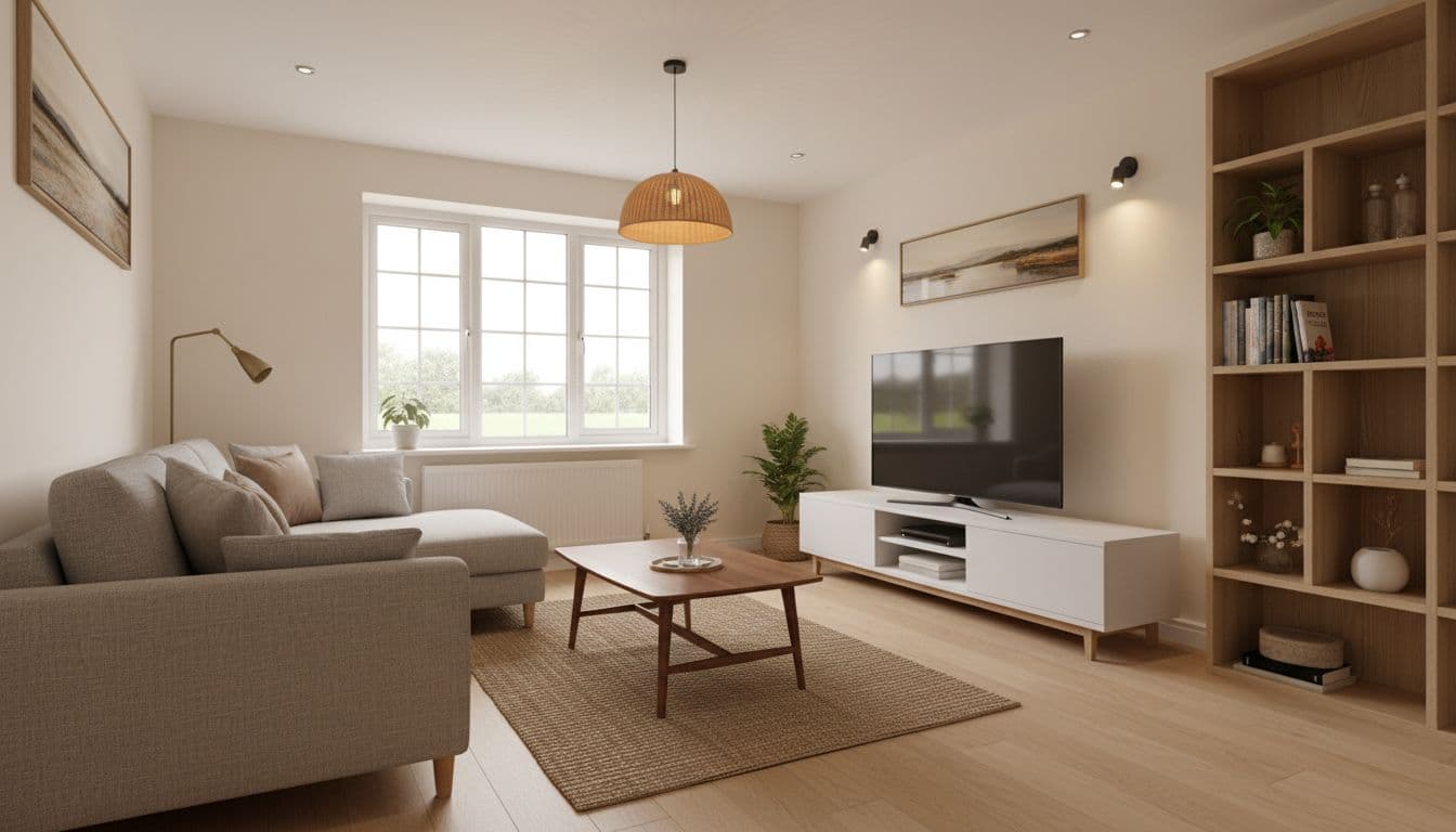 Modern UK rental-friendly north-facing living room with plug-in and clip-on lighting