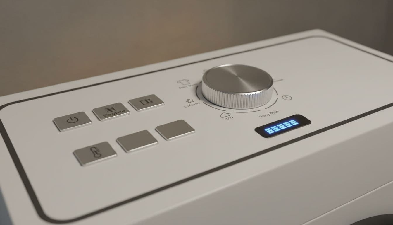 A close-up view of a washing machine interface featuring a central dial and various function buttons.
