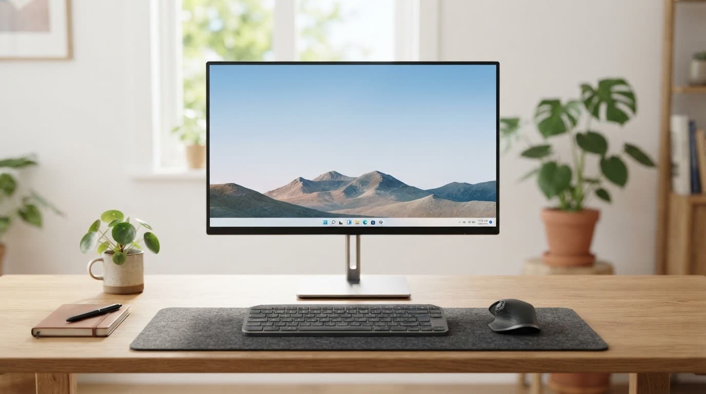 A Windows desktop computer with a monitor, keyboard, and mouse on a wooden desk.