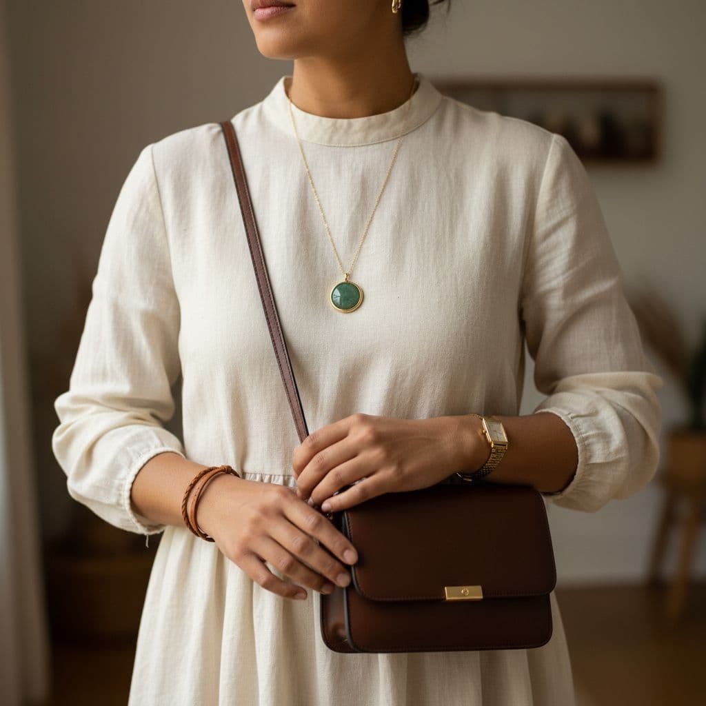 Close-up of modest dress styled with jewellery and a crossbody bag