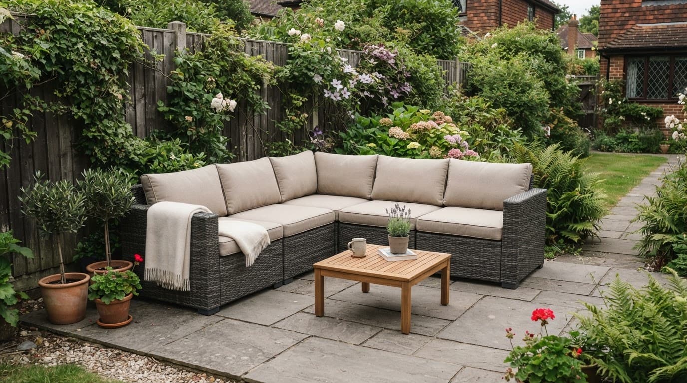 L-shaped modular sofa with neutral cushions and a coffee table on a leafy patio.