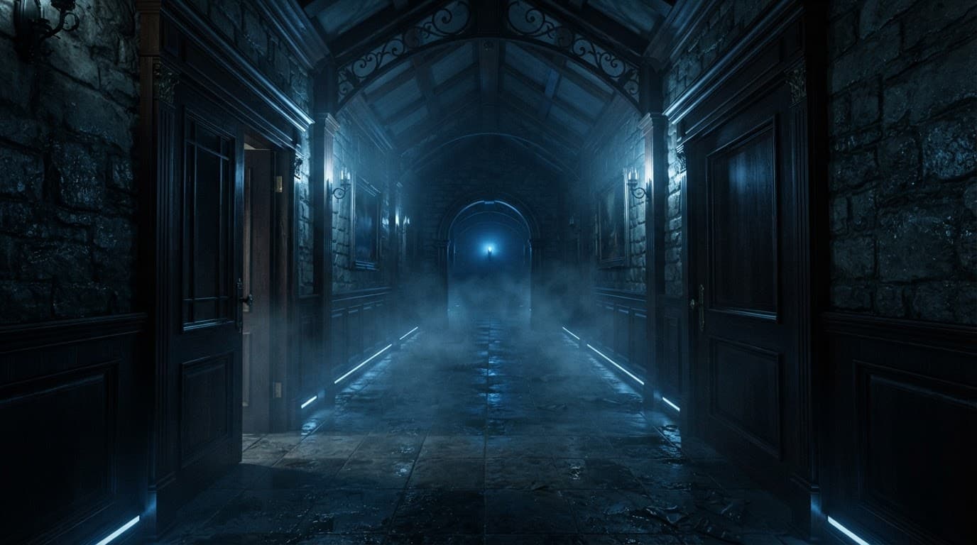 A misty stone hallway illuminated by dim blue lights.